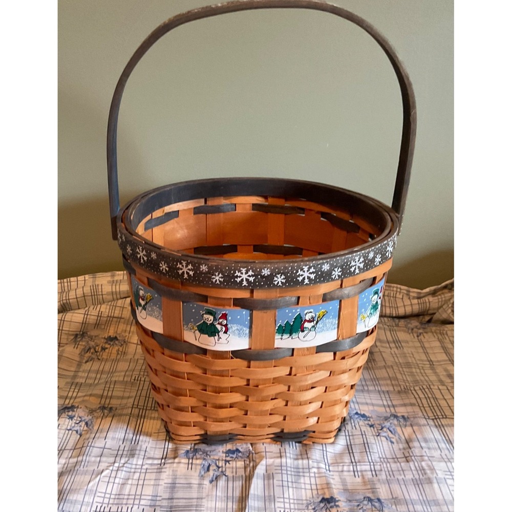 Handmade Snowman Basket w/Handle 16" High, 10"Diameter Woven Festive Handpainted - Picture 7 of 7